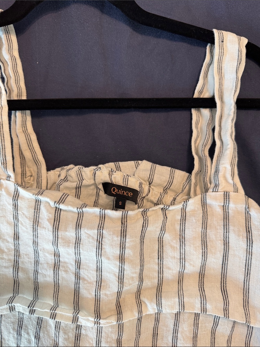 Quince Cream and Black Striped 100% European Linen Pants with Ruffle Top set - Picture 2 of 6
